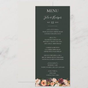 Floral Orange Bourgogne   Menu Dîner Mariage Vert