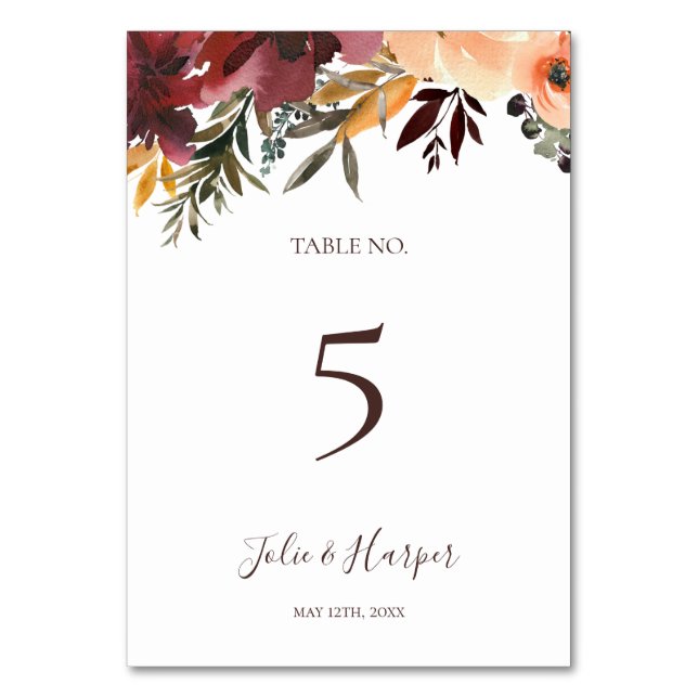 Floral Orange Bourgogne | Numéro de table (Par défaut)