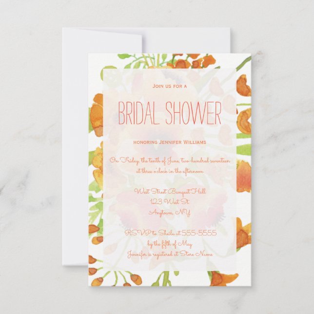 Floral orange bridal shower invitations (Front)
