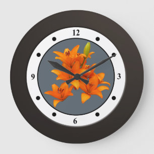 Floral Orange Garden Flower Modern Digits Large Clock