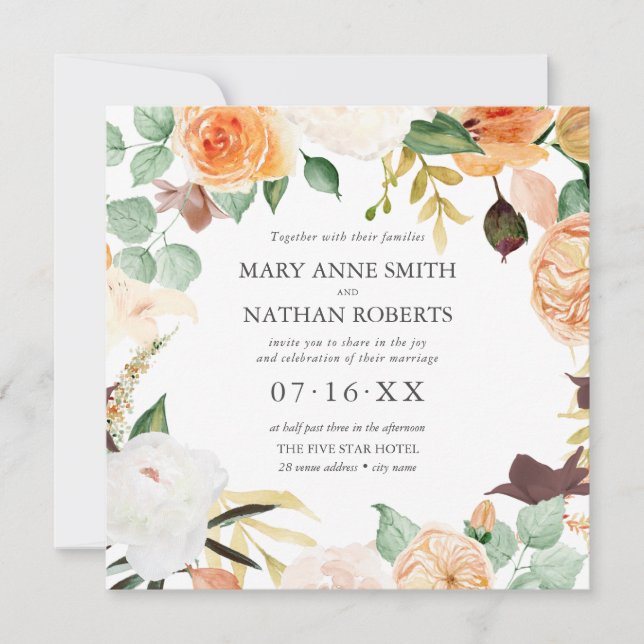 Floral Orange Late Summer ALL IN ONE Wedding Invit Invitation (Front)