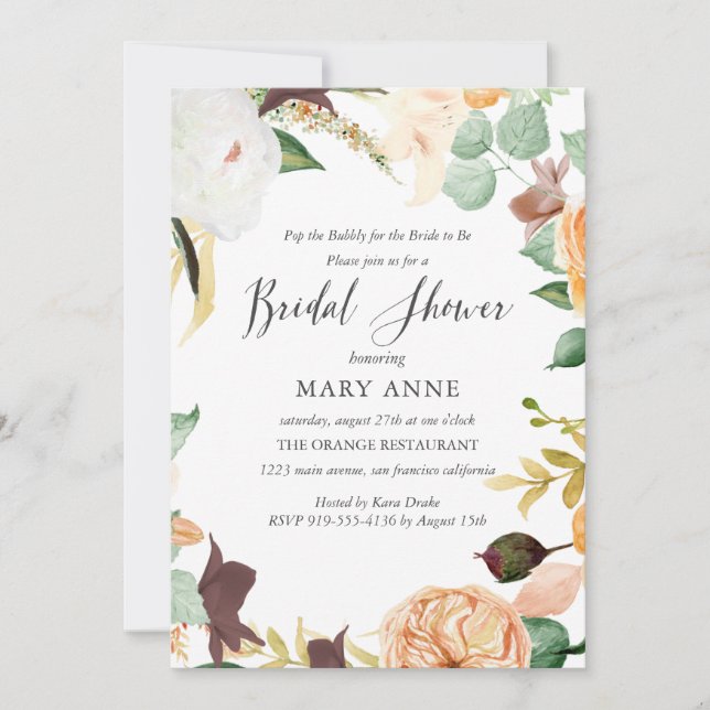 Floral Orange Late Summer Wedding Bridal Shower  I Invitation (Front)