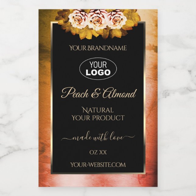 Floral Orange Marbre rouge Noir Étiquette Logo (Étiquettes simples)