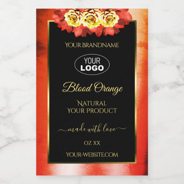 Floral Orange Marbre rouge Noir Étiquette Logo (Étiquettes simples)