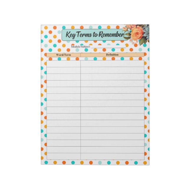Floral Orange n Blue _ Key Terms to Remember Notepad (Rotated)