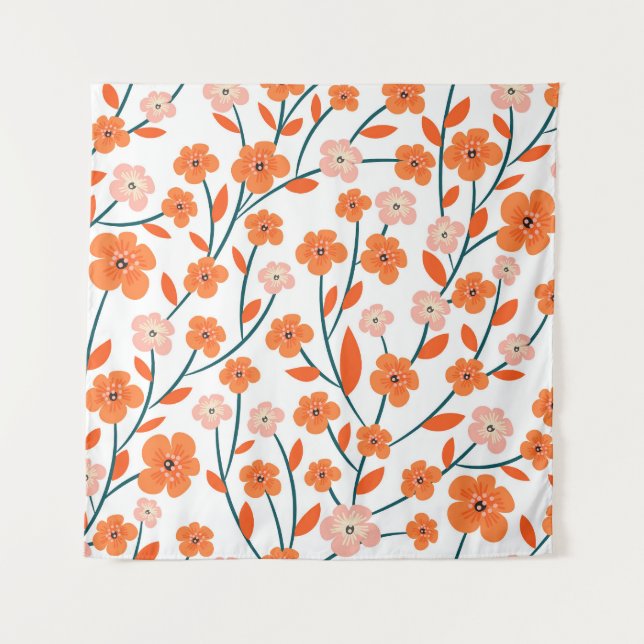 Floral Orange Pastel White Seamless Tapestry (Front)