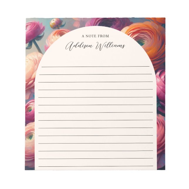 Floral Orange Pink Ranunculus Lined Personalized Notepad (Front)