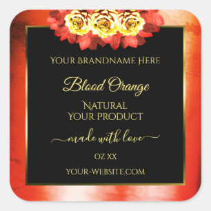 Floral Orange Red Marble Black Product Label Roses