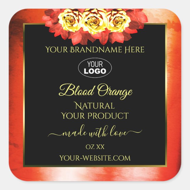 Floral Orange Red Marble Black Product Labels Logo (Front)