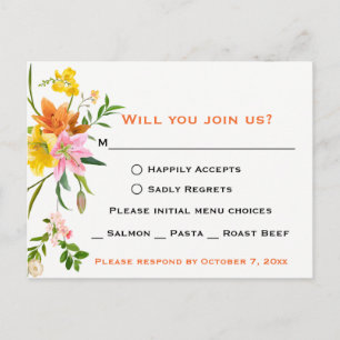 Floral Orange RSVP Lily Flowers - Wedding - Pink Invitation Postcard