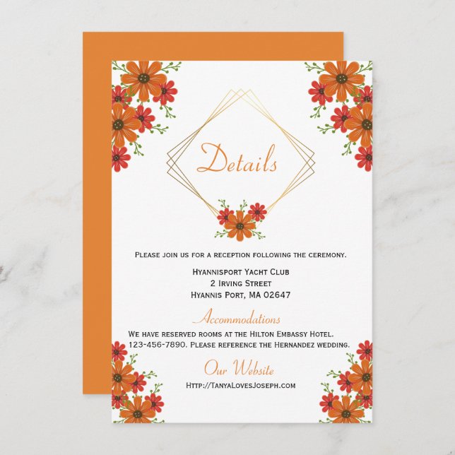 Floral Orange Wedding Details Country Fall Rustic Invitation (Front/Back)