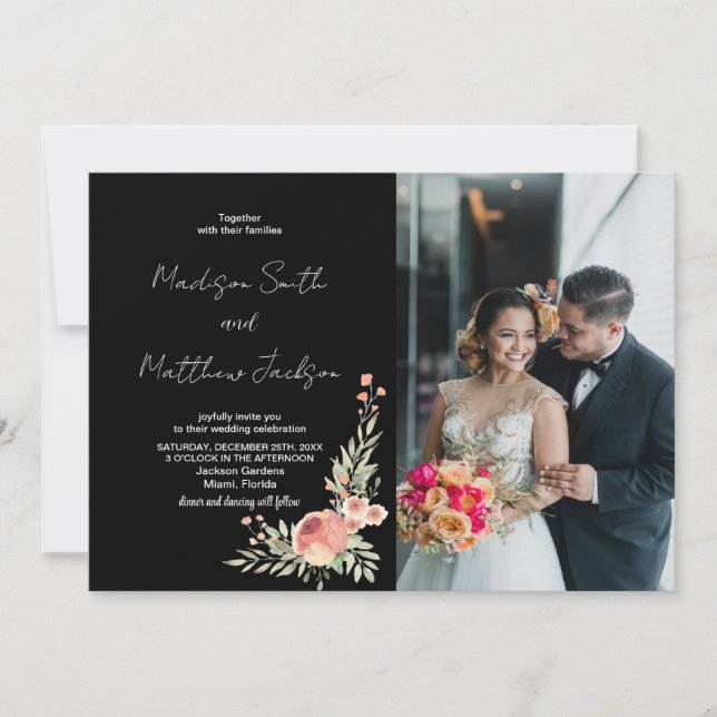 Floral Orange Wedding Invitations avec photo (Devant)