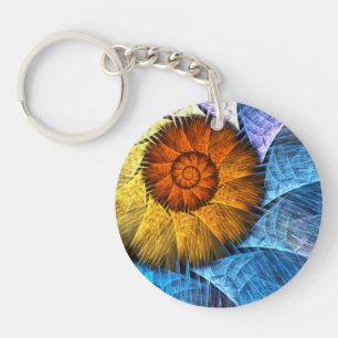 Floral Orange Yellow Blue Abstract Art Keychain