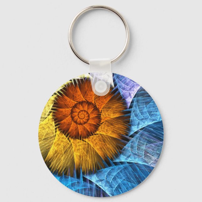 Floral Orange Yellow Blue Abstract Art Keychain (Front)