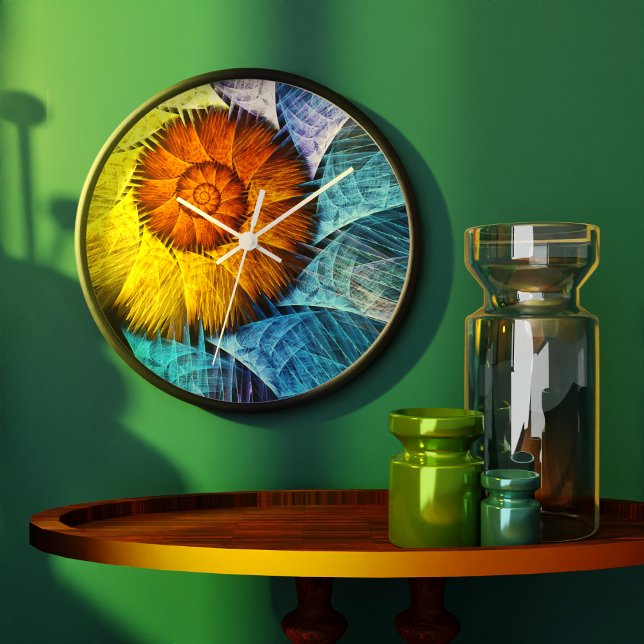 Floral Orange Yellow Blue Abstract Art Large Clock (Floral Orange Yellow Blue Abstract Art Clock)