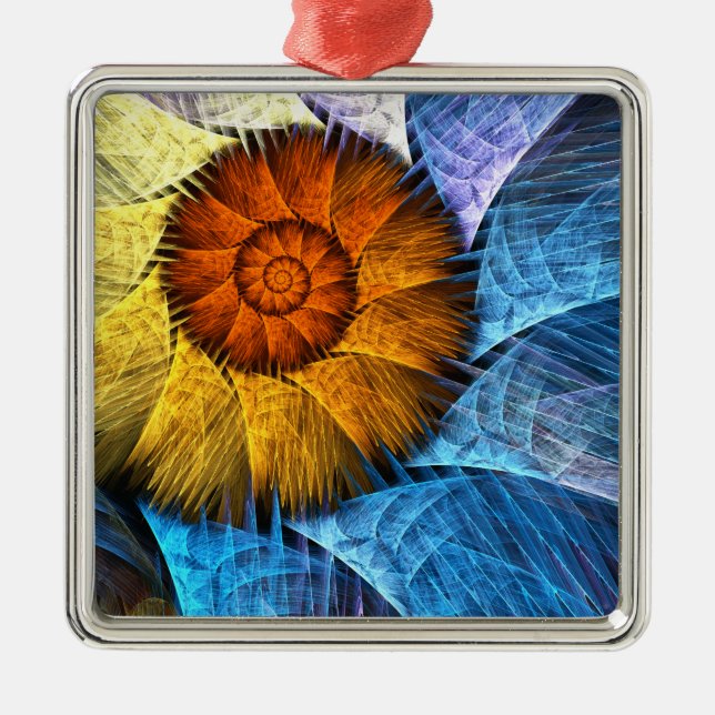 Floral Orange Yellow Blue Abstract Art Metal Ornament (Front)