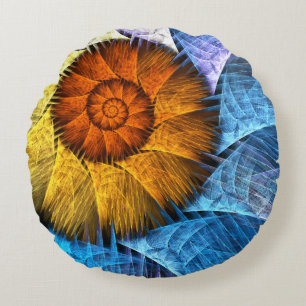 Floral Orange Yellow Blue Abstract Art Round Pillow