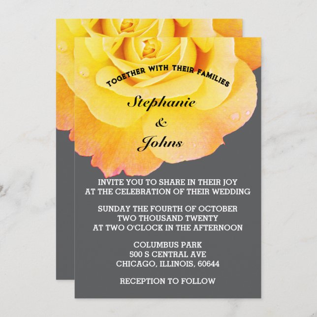 Floral Orange Yellow Grey Grey Cool Boho Wedding Invitation (Front/Back)