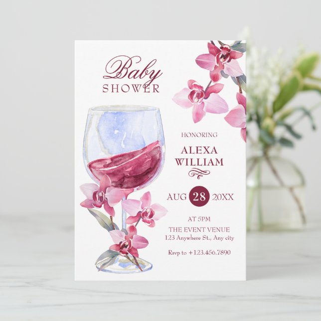 Floral orchid wine watercolor baby shower invitation (Standing Front)