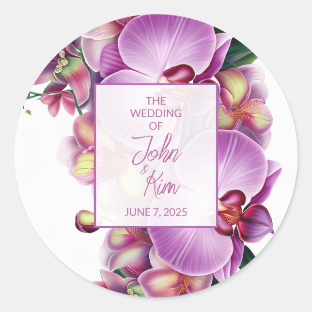 Floral Orchids Wedding  Classic Round Sticker (Front)