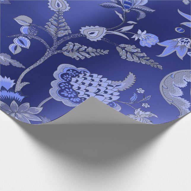 Floral Oriental Kimono Sapphire Cobalt Blue Garden Wrapping Paper (Corner)