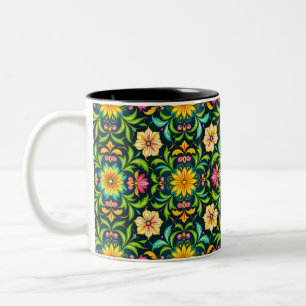 Floral Ornamental Pattern in Vibrant Colors Two-Tone Coffee Mug