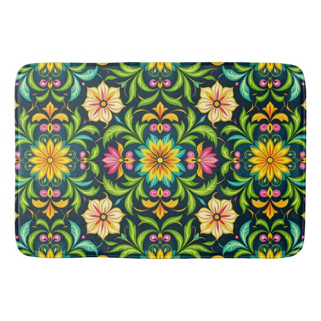 Floral Ornamental Pattern in Vibrant Colours Bath Mat (Front)