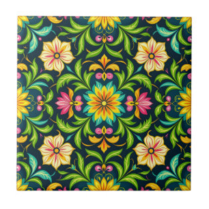 Floral Ornamental Pattern in Vibrant Colours Tile