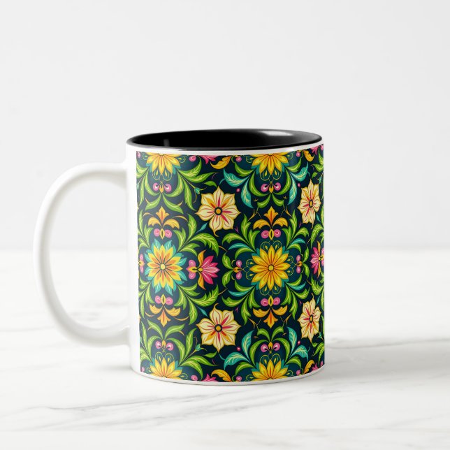 Floral Ornamental Pattern in Vibrant Colours Two-Tone Coffee Mug (Left)