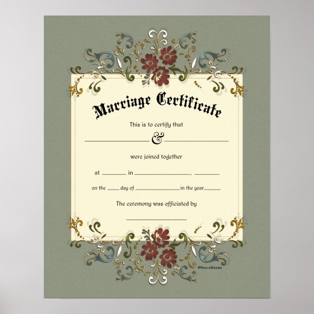 Floral Ornate Banner Frame Wedding Certificate Poster (Front)