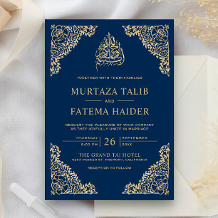Floral Ornate Blue and Gold Islamic Muslim Wedding Invitation