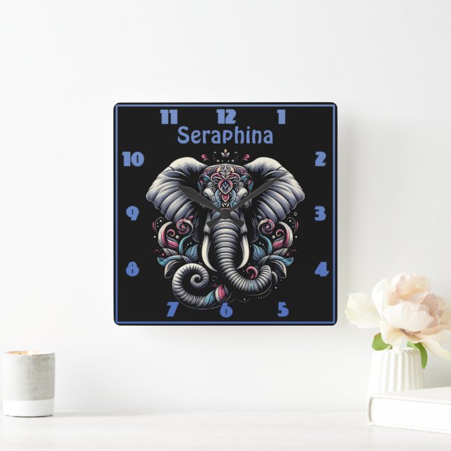 Floral ornate elephant design square wall clock (Home)