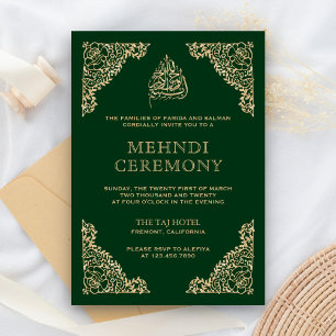Floral Ornate Green and Gold Islamic Muslim Mehndi Enclosure Card