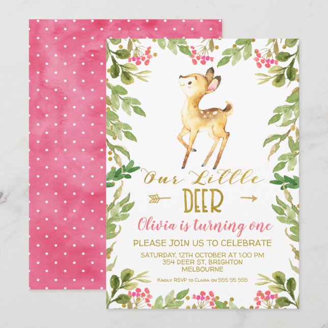 Floral Our Little Deer Birthday Party Invitation (Front/Back)