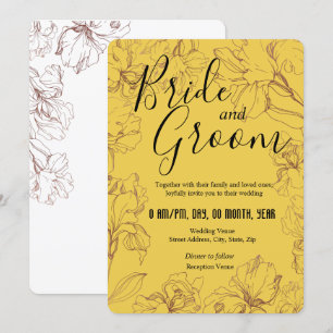 Floral Outline Design in Yellow Mustard BG Wedding Invitation