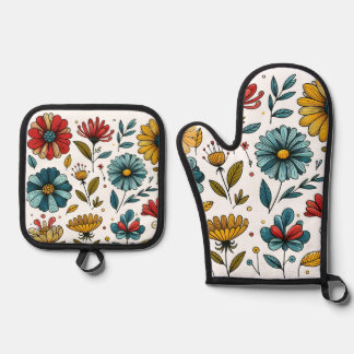 Floral Oven Mitt And Pot Holder Set Retro Folk Art