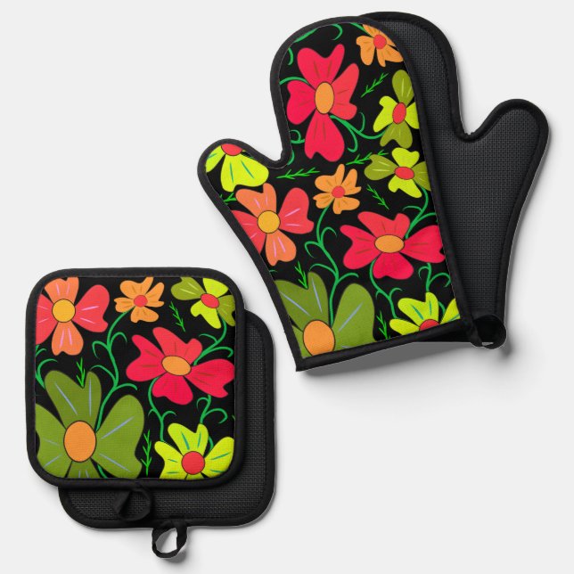Floral Oven Mitt & Pot Holder Set (Front/Back)