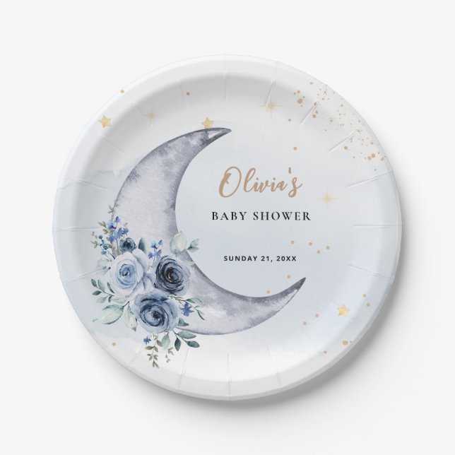 Floral Over The Moon Baby Shower Paper Plate (Front)