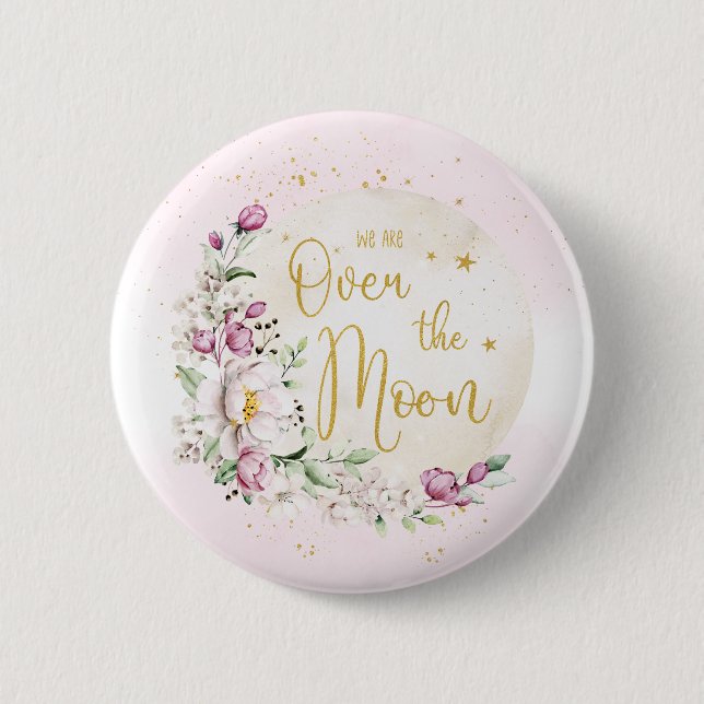Floral Over the Moon Pink 2 Inch Round Button (Front)