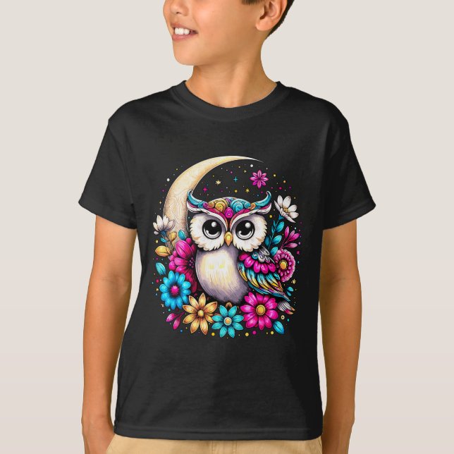 Floral Owl And Moon  T-Shirt (Front)