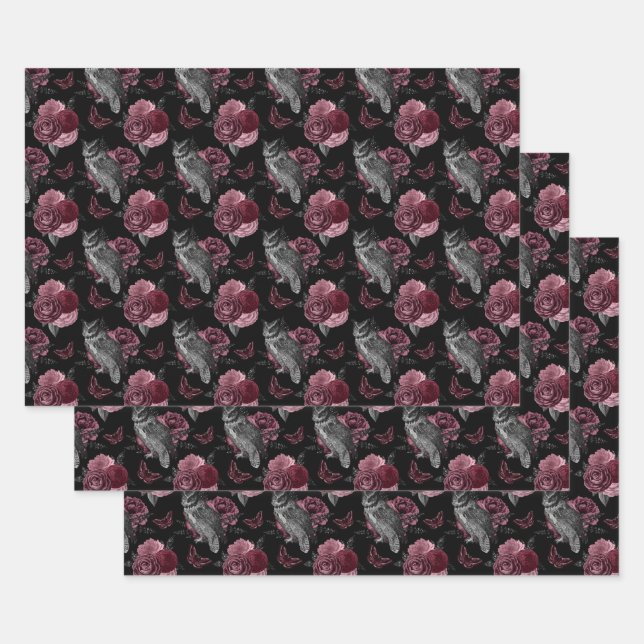 Floral Owls with Butterflies on Black Wrapping Paper Sheet (Set)