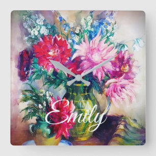 Floral painting square wall clock