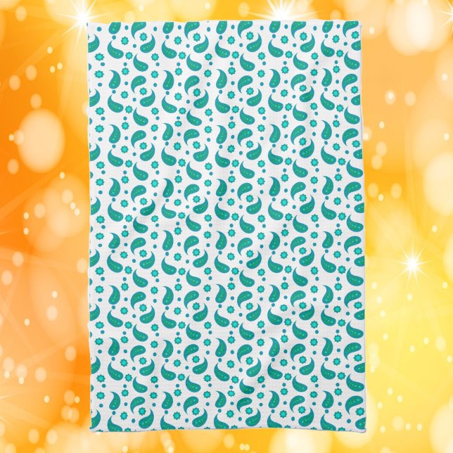 Floral Paisely Boho Pattern Blue Green Kitchen Towel (A kitchen towel with a boho floral paisely pattern in blue and green.)