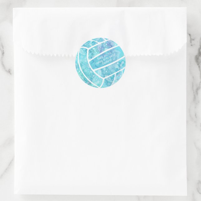 Floral paisley feather doodle turquoise volleyball classic round sticker (Bag)