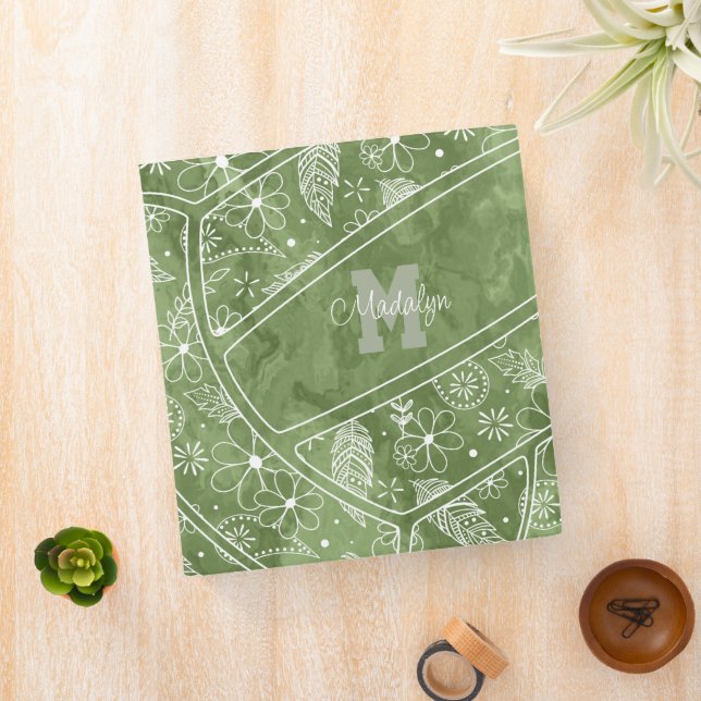 floral paisley feather pattern green volleyball binder (In Situ)