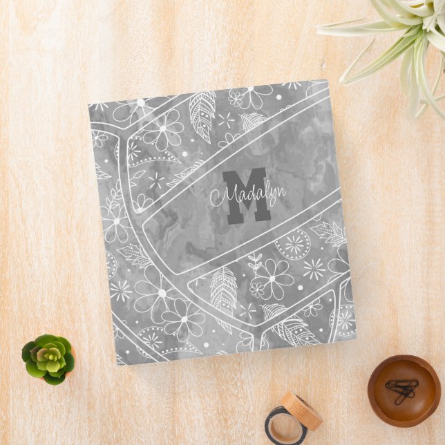 floral paisley feather pattern on gray volleyball binder (In Situ)