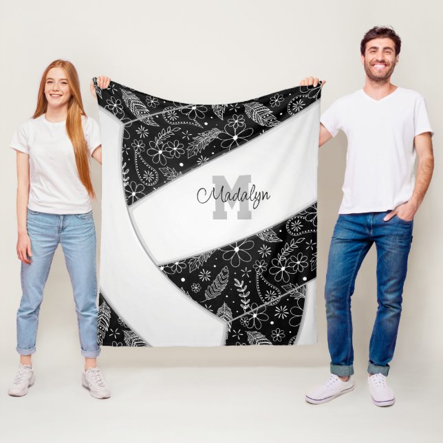 floral paisley feathers black white volleyball fleece blanket (In Situ)