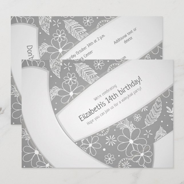 Floral paisley feathers doodles grey volleyball  invitation (Front/Back)