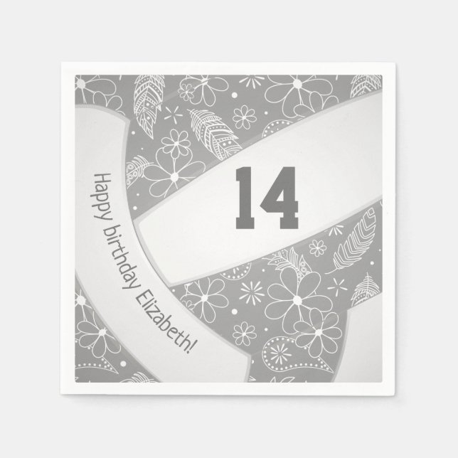 Floral paisley feathers doodles grey volleyball napkin (Front)