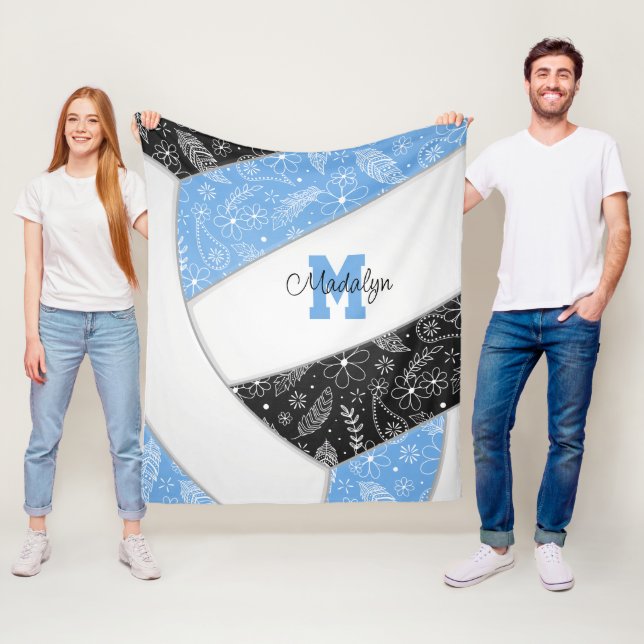 floral paisley feathers lt blue black volleyball  fleece blanket (In Situ)